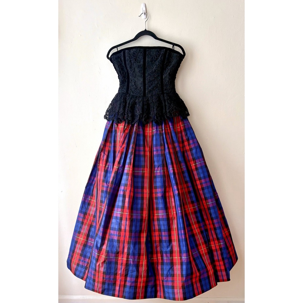 Escada Gown Corseted Lace Top Tartan Ball Gown Skirt Silk Vintage Couture 38